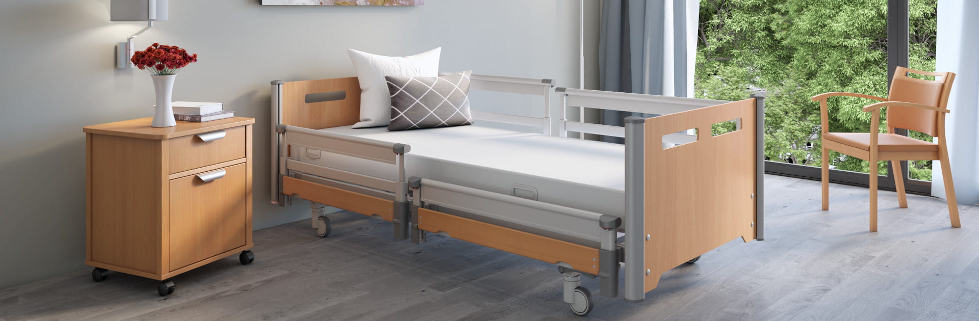 The washable variana nursing bed combines functionally flexible elements with economy and design.