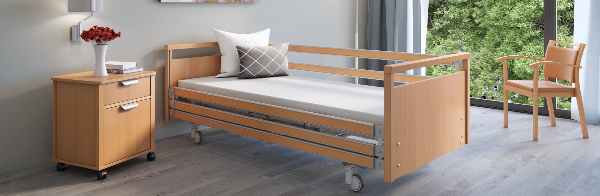 The washable variana nursing bed combines functionally flexible elements with economy and design.